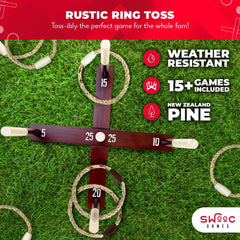 SWOOC Games - Rustic Ring Toss Game (All Weather) - Easy Setup & Extra Games Included - Ring Toss Game for Adults - Outdoor Games for Kids - Yard Games for Adults - Ring Hook Game - Game Room Games